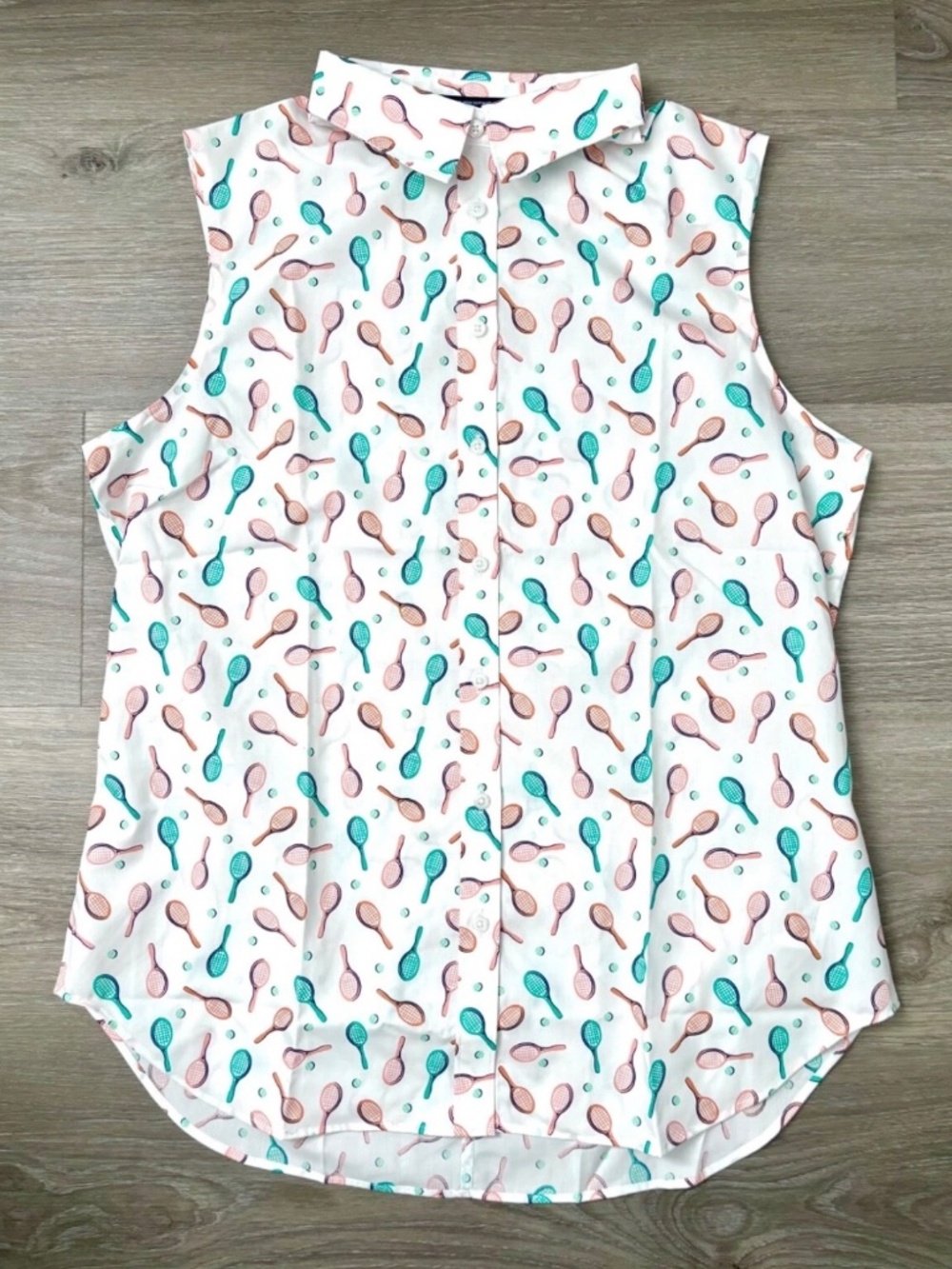 Womens Lands End No Iron Tennis Print Cotton Sleeveless Button Down Shirt Sz 12
